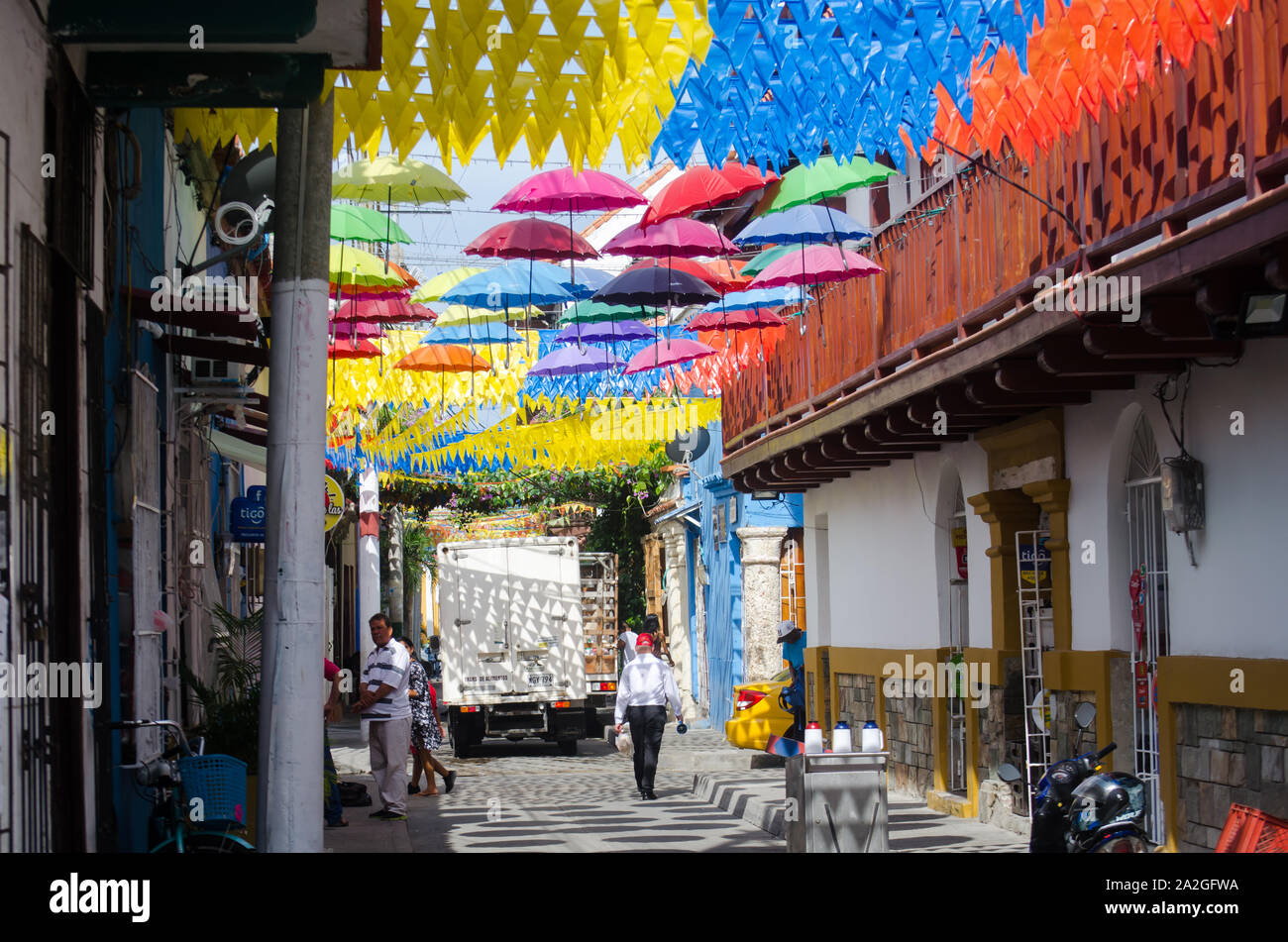 Scene del quartiere di Getsemani, situato al di fuori delle mura di Cartagena la storica città vecchia, Foto Stock