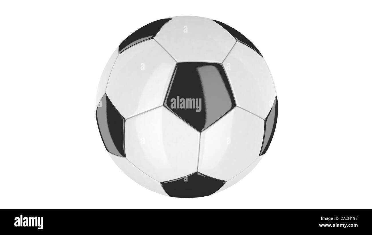 3D illustrazione di un pallone da calcio bianco e nero con dettagli su sfondo bianco. Geometria arrotondata pentagoni per sfondo TV Foto Stock
