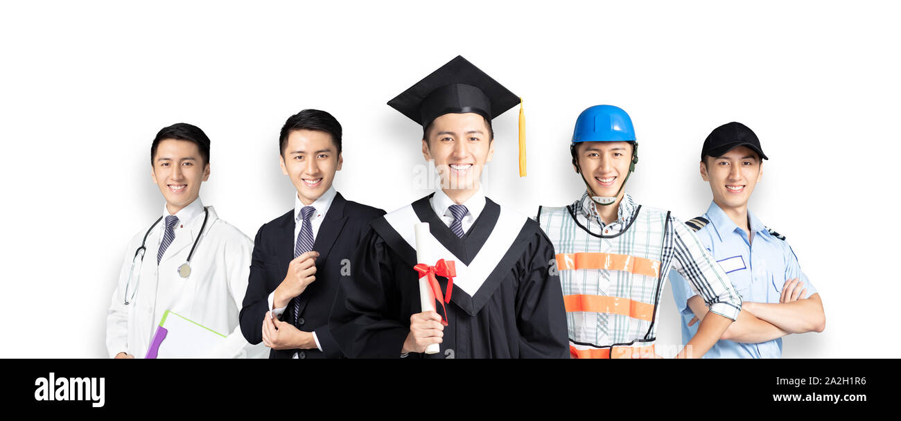 Persone in diverse professioni in piedi con graduazione Foto Stock