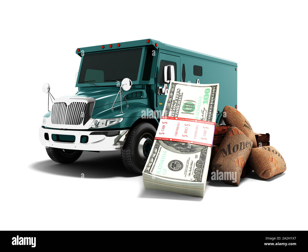 Un concetto moderno di trasportare denaro e pila di dollari in una banca di blu carrello armored auto anteriore 3D render su sfondo bianco con ombra Foto Stock Un concetto moderno di trasportare denaro e pila di dollari in una banca di blu carrello armored auto anteriore 3D render su sfondo bianco con ombra Foto Stock