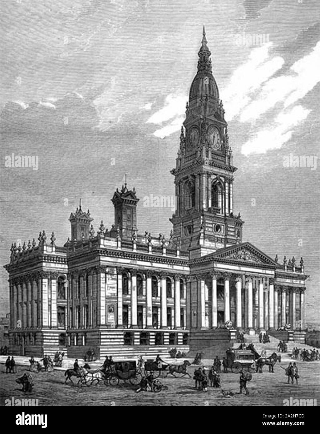 Incisione di Bolton Town Hall 1873. Foto Stock