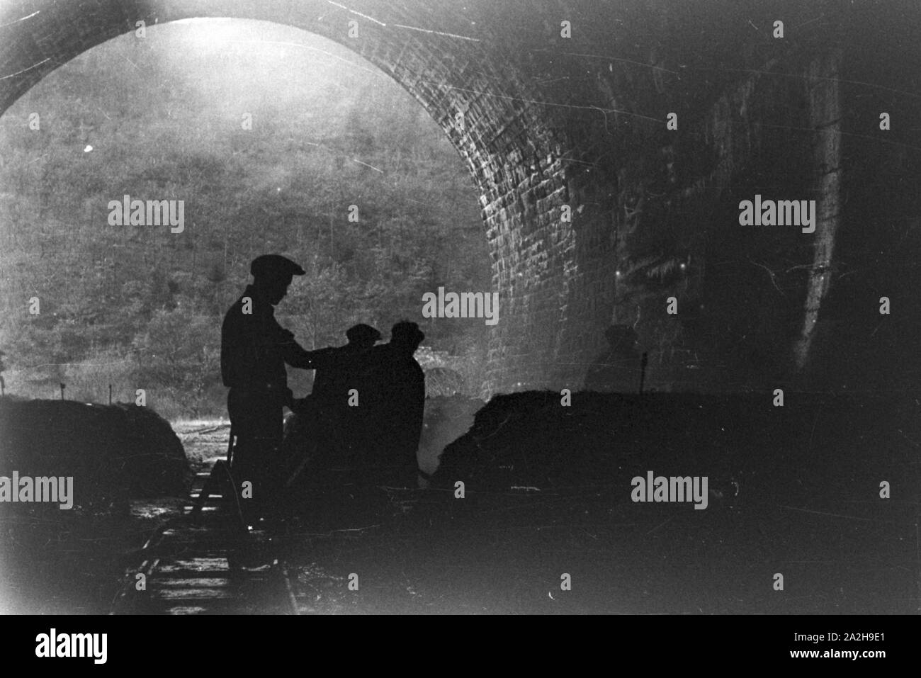 In einem Tunnel in einem Weinberg ist eine Anlage für Champignonzucht, Deutschland 1930er Jahre. Una coltivazione di funghi stazione ad un tunnel sotto una vigna, Germania 1930s. Foto Stock