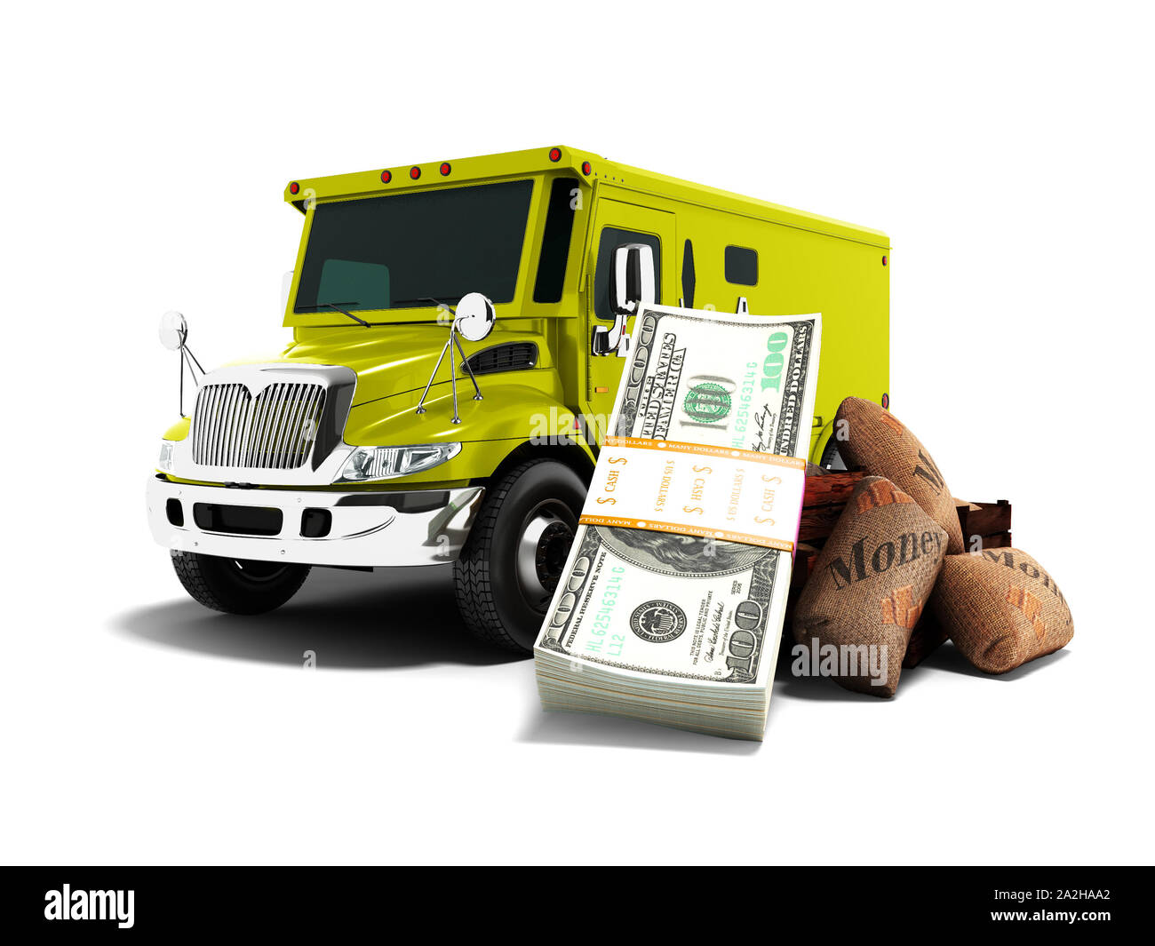 Denaro moderno concetto di trasporto e la pila di dolars nella banca yellow truck armored auto anteriore 3d rendering su sfondo bianco con ombra Foto Stock Denaro moderno concetto di trasporto e la pila di dolars nella banca yellow truck armored auto anteriore 3d rendering su sfondo bianco con ombra Foto Stock
