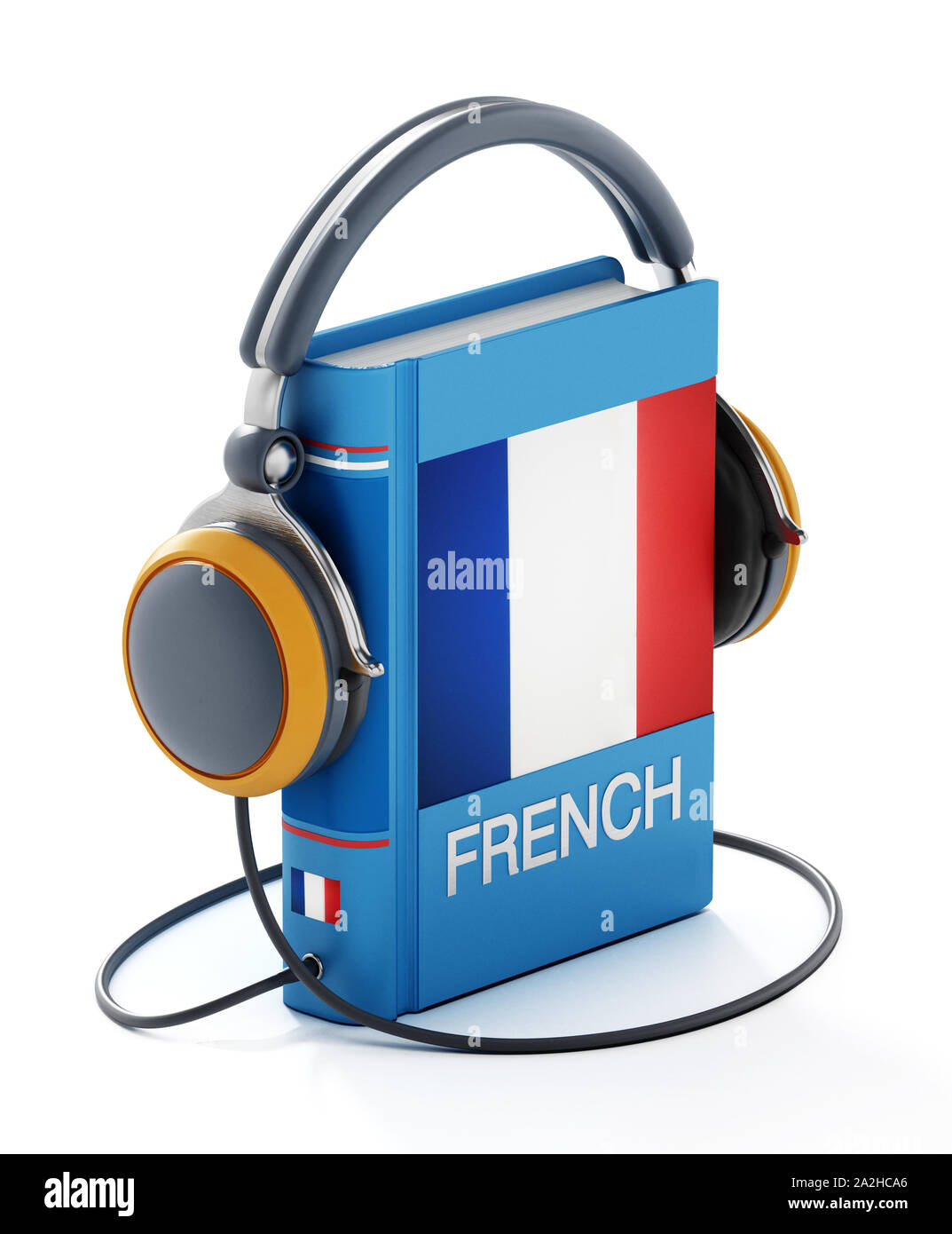 Dizionario francese con cuffie isolato su sfondo bianco. 3D'illustrazione. Foto Stock