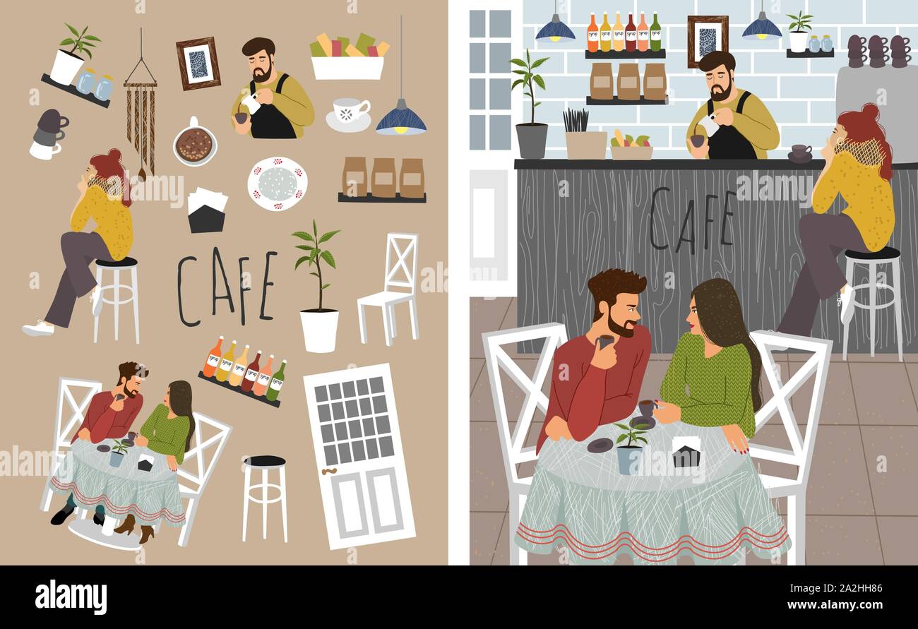 Fascio di oggetti isolati sul tema di un coffee shop e carino illustrazione vettoriale con persone: paio di bere il caffè in una tabella, barista Illustrazione Vettoriale