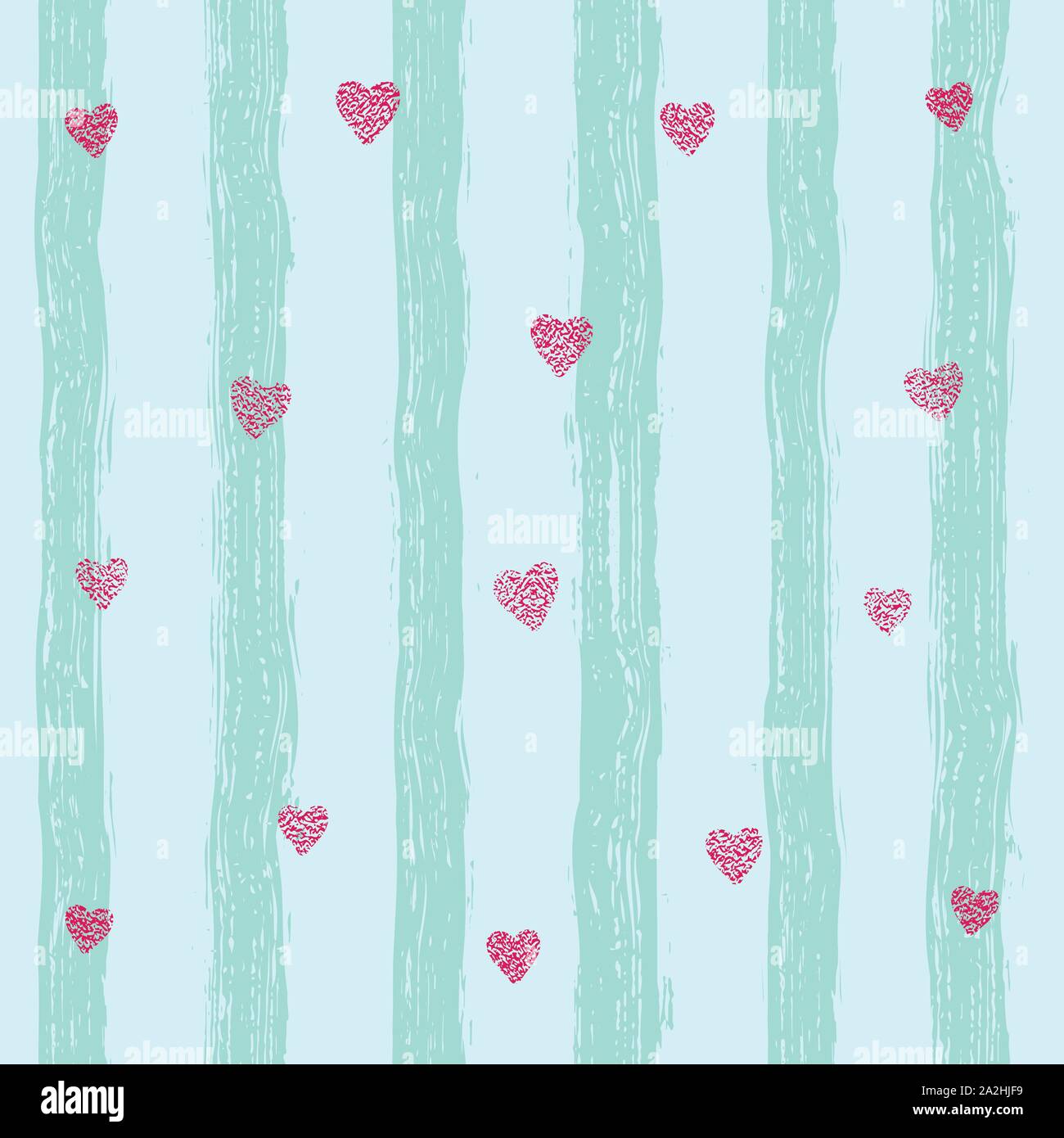 Rosa coriandoli cuori su uno sfondo a strisce. Modello senza giunture. Dipinto a mano i tratti di pennello. Illustrazione Vettoriale