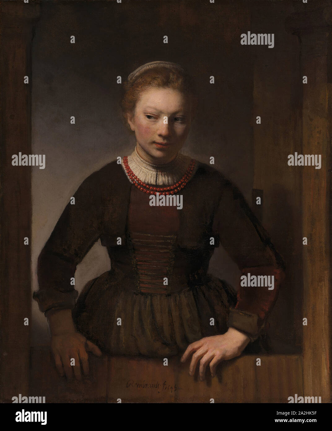 Giovane Donna a un Open Half-Door, 1645, Harmenszoon Rembrandt van Rijn e officina, Olandese, 1606-1669, Olanda, olio su tela, 40 3/8 × 33 1/2 in. (102,5 × 85,1 cm Foto Stock