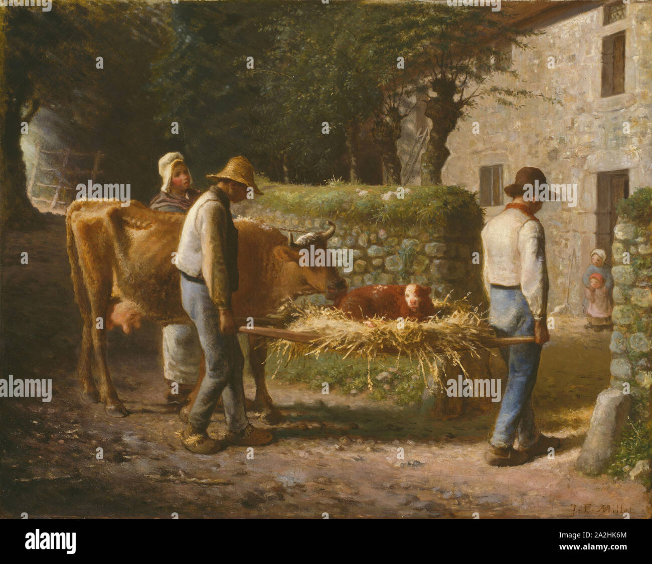 I contadini di portare a casa un vitello nato nei campi, 1864, Jean-François Millet, Francese, 1814-1875, Francia, olio su tela, 31 15/16 × 39 3/8 in. (81,1 × 100 cm Foto Stock