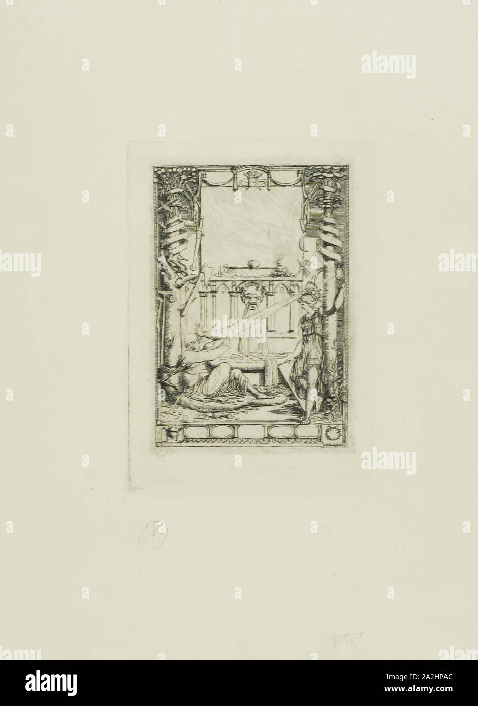 Frontespizio per il catalogo delle incisioni di Thomas De Leu, 1866, Charles Meryon, Francese, 1821-1868, Francia, di attacco e di incisione con brunitura su avorio carta vergata, 129 × 98 mm (l'immagine, inclusi i contrassegni di randagi) 153 × 108 mm (piastra), 343 × 242 mm (foglio Foto Stock