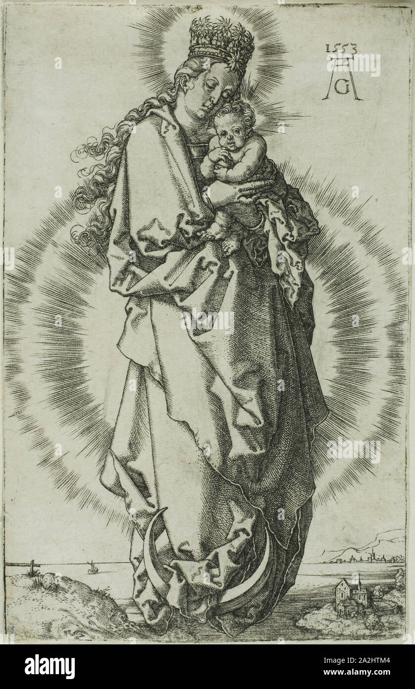 La Vergine e il bambino su una falce di luna, 1553, Heinrich Aldegrever, Tedesco, 1502-c.1560, Germania, incisione in nero su avorio carta vergata, 117 x 75 mm (l'immagine/piastra/LAMIERA Foto Stock