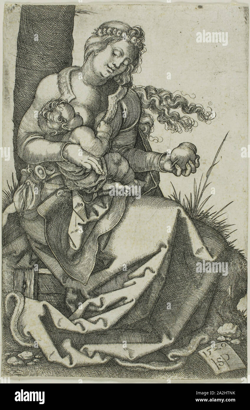 La vergine con le pere, 1520 Sebald Beham, Tedesco, 1500-1550, Germania, incisione in nero su avorio carta vergata, 112 x 74 mm (l'immagine/foglio, rifilato entro la piastra mark Foto Stock
