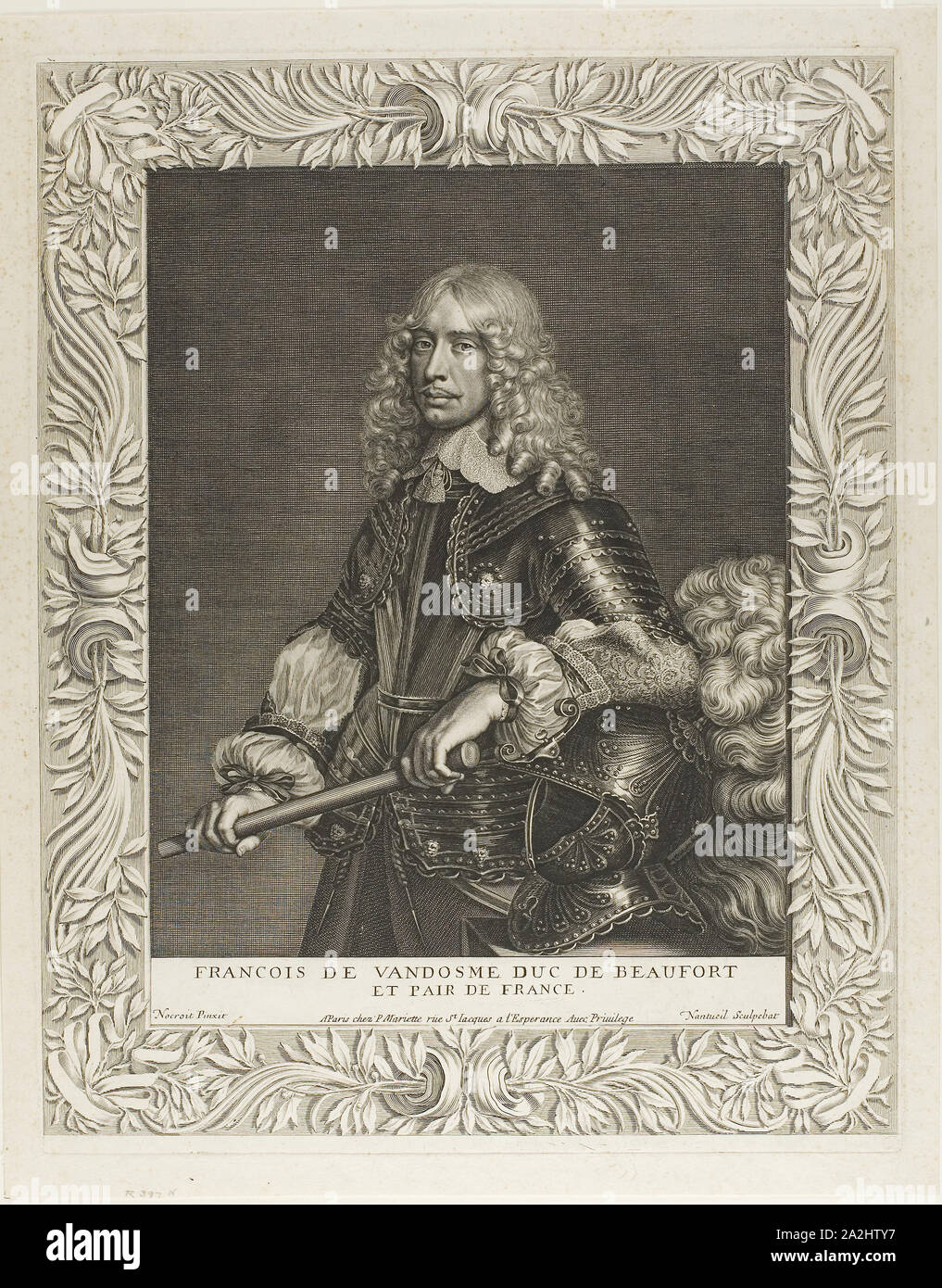 François de Vendôme, Duc de Beaufort, c. 1648, Robert Nanteuil (Francese, 1623-1678), dopo Jean Nocroit (Francese, 1615-1672), Francia, incisioni su carta, 309 × 250 mm (nell'immagine), 434 × 340 mm (piastra), 466 × 369 mm (foglio Foto Stock