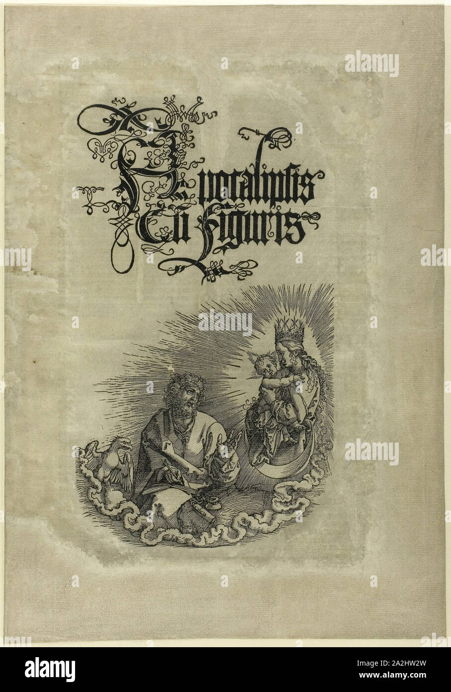 La Vergine che appare a San Giovanni, dall'Apocalisse, c. 1511, Albrecht Dürer, Tedesco, 1471-1528, Germania, Xilografia in nero su avorio carta vergata scolorito a grigio, 450 x 312 mm Foto Stock