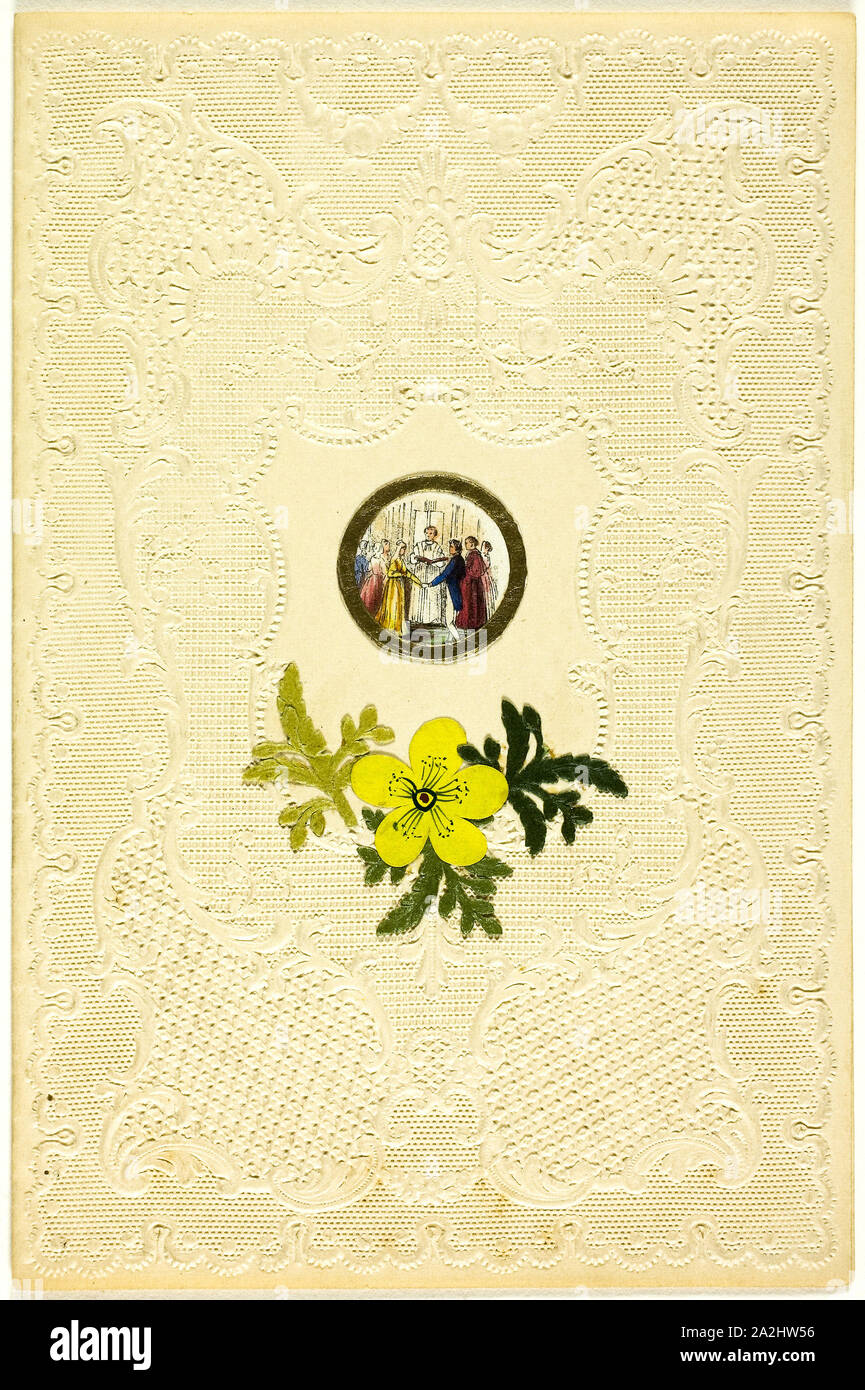 Untitled Valentine (Matrimonio scena), c. 1840, artista sconosciuto, Inglese del XIX secolo, l'Inghilterra, Collaged elementi su avorio goffrato carta intessuta, 140 × 92 mm (foglio piegato Foto Stock