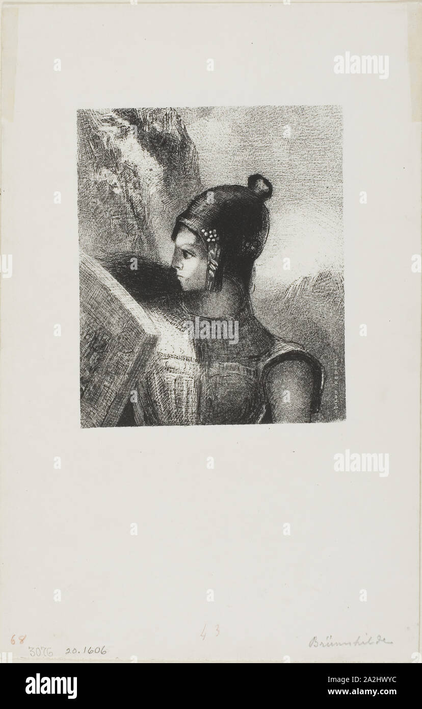 Brunnhilde, 1886, Odilon Redon, Francese, 1840-1916, Francia, litografia in nero su carta bianca di qualità carta, 118 × 99 mm (nell'immagine), 247 × 158 mm (foglio Foto Stock