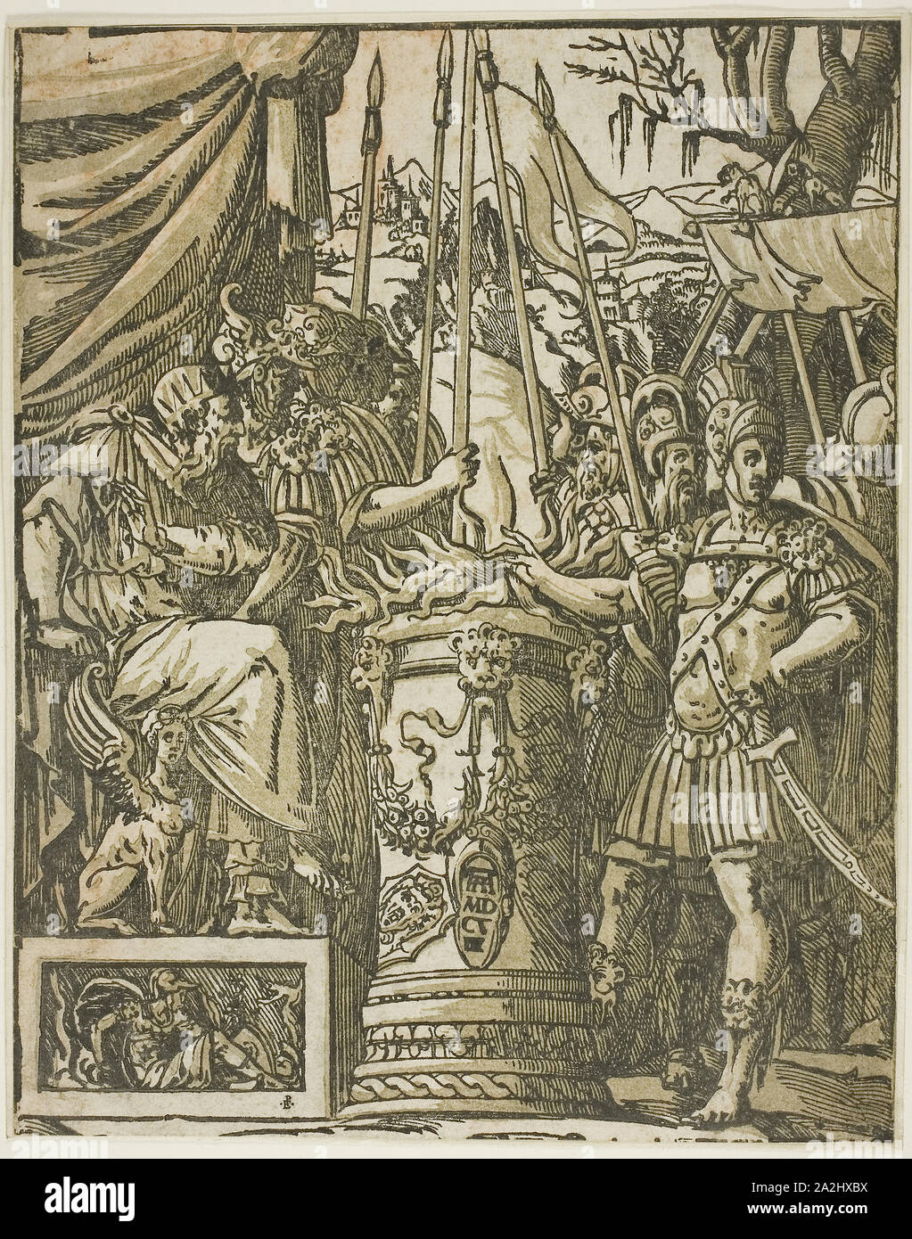 Mucius Scevola, 1608, Andrea Andreani (Italiano, c. 1558-1629), dopo Baldessare Peruzzi (Italiano, 1481-1536), l'Italia, incisione a legno in chiaroscuro in grigio verdastro e nero su crema di latte di cui carta, 265 x 209 mm Foto Stock