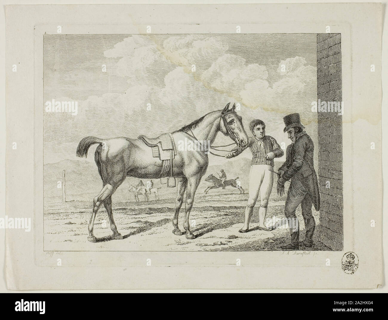 Scuola di equitazione e cavalli, 1806, Johann Adolph Darnstedt, Tedesco, 1769-1844, Germania, incisione su avorio carta intessuta, 140 × 198 mm (nell'immagine), 155 × 203 mm (piastra), 184 × 240 mm (foglio), una scuola di equitazione e cavalli, 1806, Johann Adolph Darnstedt, Tedesco, 1769-1844, Germania, incisione su avorio carta intessuta, 130 × 188 mm (nell'immagine), 159 × 205 mm (piastra), 182 × 241 mm (foglio Foto Stock