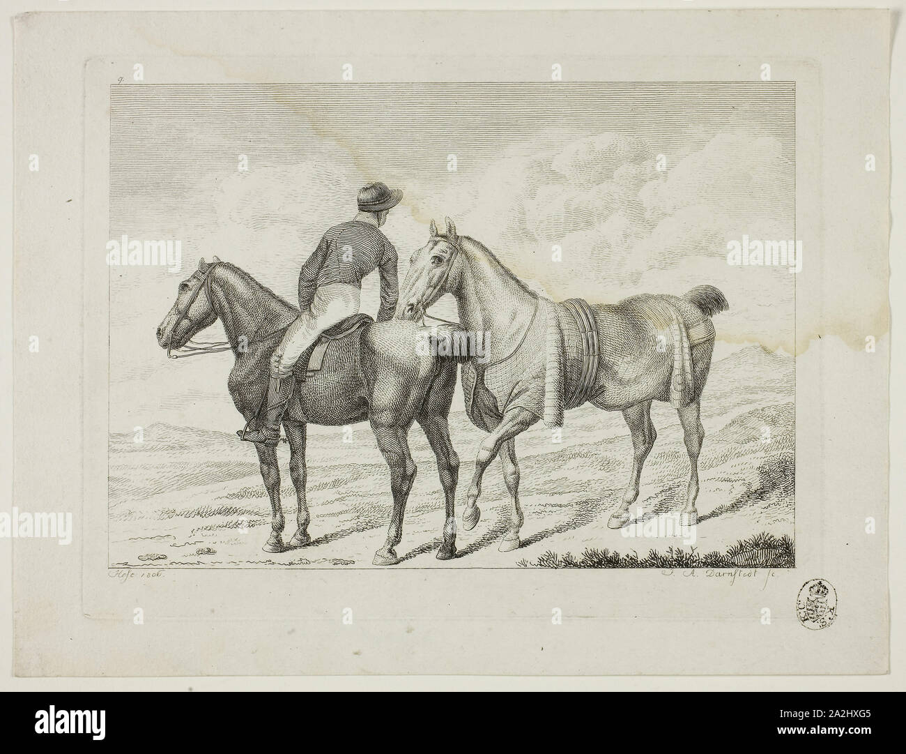 Scuola di equitazione e cavalli, 1806, Johann Adolph Darnstedt, Tedesco, 1769-1844, Germania, incisione su avorio carta intessuta, 134 × 188 mm (nell'immagine), 154 × 202 mm (piastra), 182 × 240 mm (foglio Foto Stock
