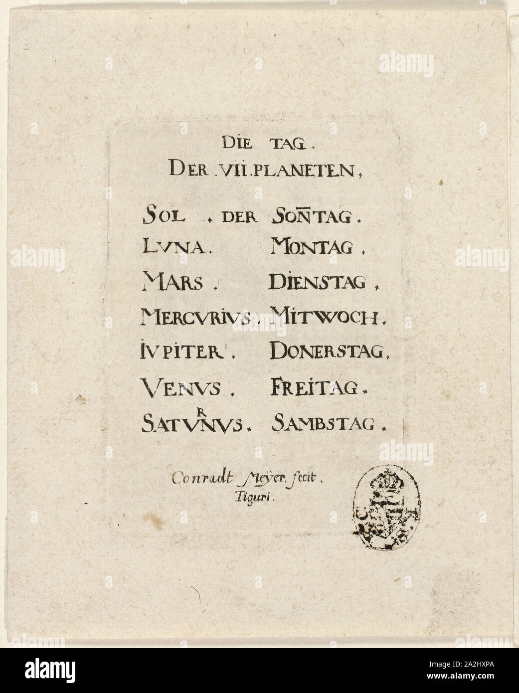 Pagina titolo, da Der VII Planeten, n.d., Conrad Meyer, svizzero, 1618-1689, Svizzera, attacco in nero su avorio carta vergata, 69 x 49 (piastra Foto Stock
