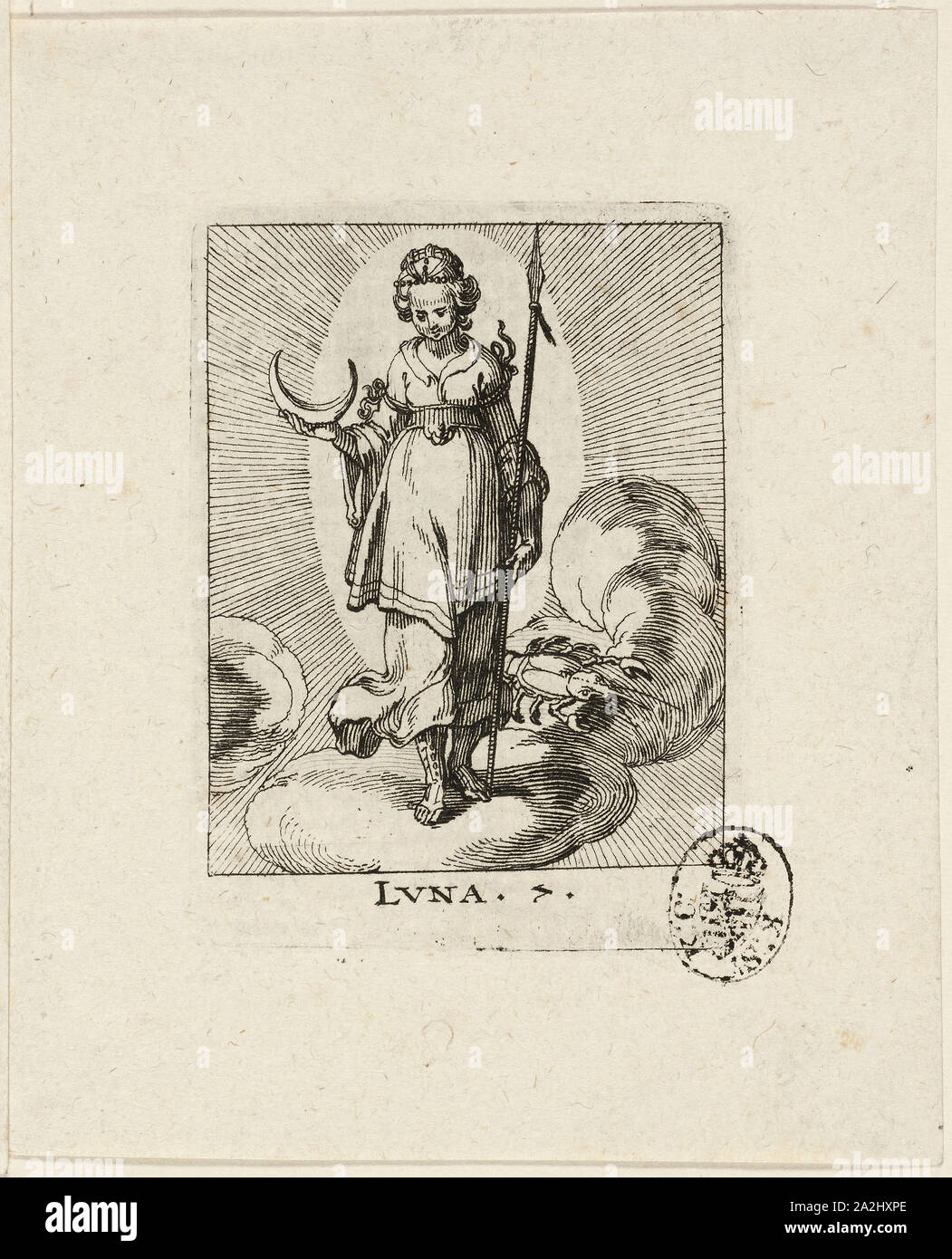 Luna, piastra di sette da Der VII Planeten, n.d., Conrad Meyer, svizzero, 1618-1689, Svizzera, attacco in nero su avorio carta vergata, 69 x 49 mm (foglio Foto Stock