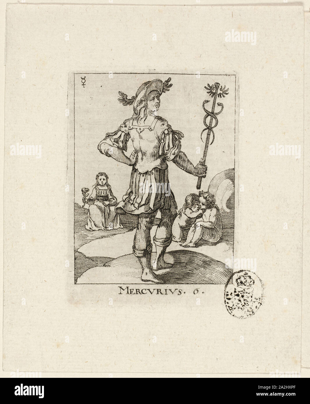 Mercurius, piastra 6 da Der VII Planeten, n.d., Conrad Meyer, svizzero, 1618-1689, Svizzera, attacco in nero su avorio carta vergata, 69 x 49 mm (foglio Foto Stock