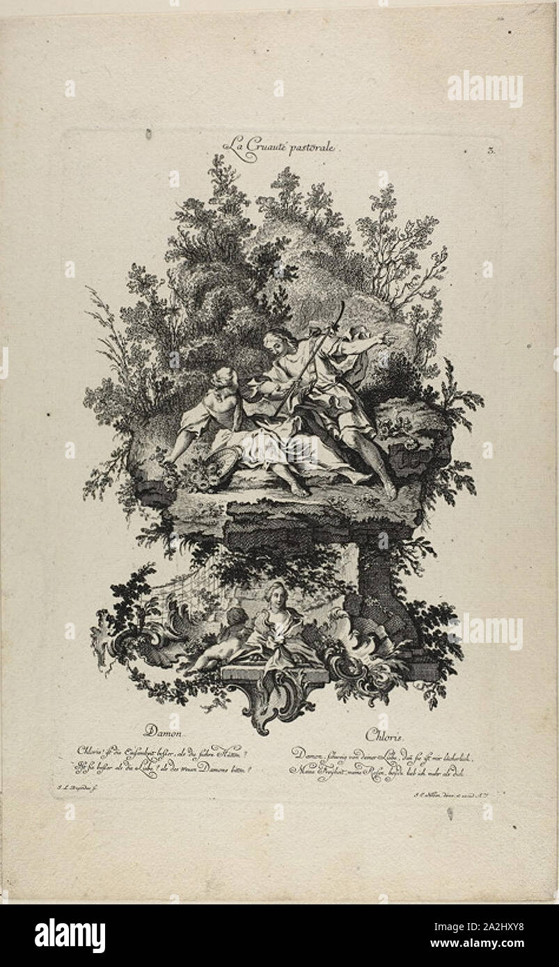 Crudeltà pastorale, n.d., Johann Lorenz Rugendas I (Tedesco, 1730-1799), dopo Charles Eisen (Francese, 1720-1778), Germania, incisione su avorio carta vergata, 290 x 191 mm (piastra), 386 x 241 mm (foglio Foto Stock