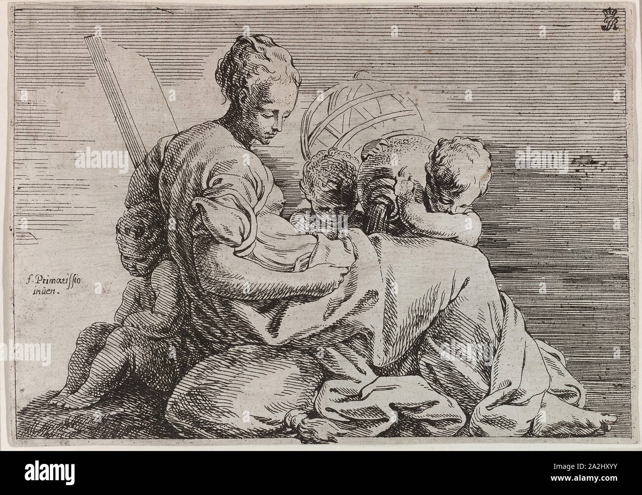 Astronomia, n.d., Eloi Bonnejonne (Italiano, c. 1630-1695), dopo Francesco Primaticcio (Italiano, 1504-1570), l'Italia, attacco stampato in nero su carta, 138 x 198 mm Foto Stock