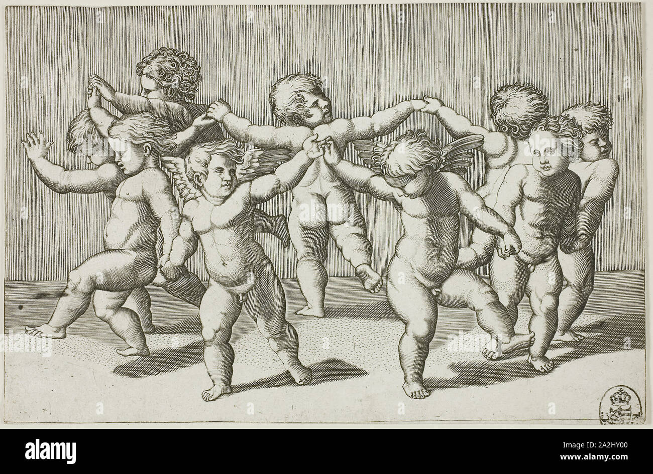 Danza di putti, 1517/20, Marcantonio Raimondi, Italiano, c. 1480-1534, Italia, incisione stampato in nero su carta, 110 × 166 mm (immagine/LAMIERA Foto Stock