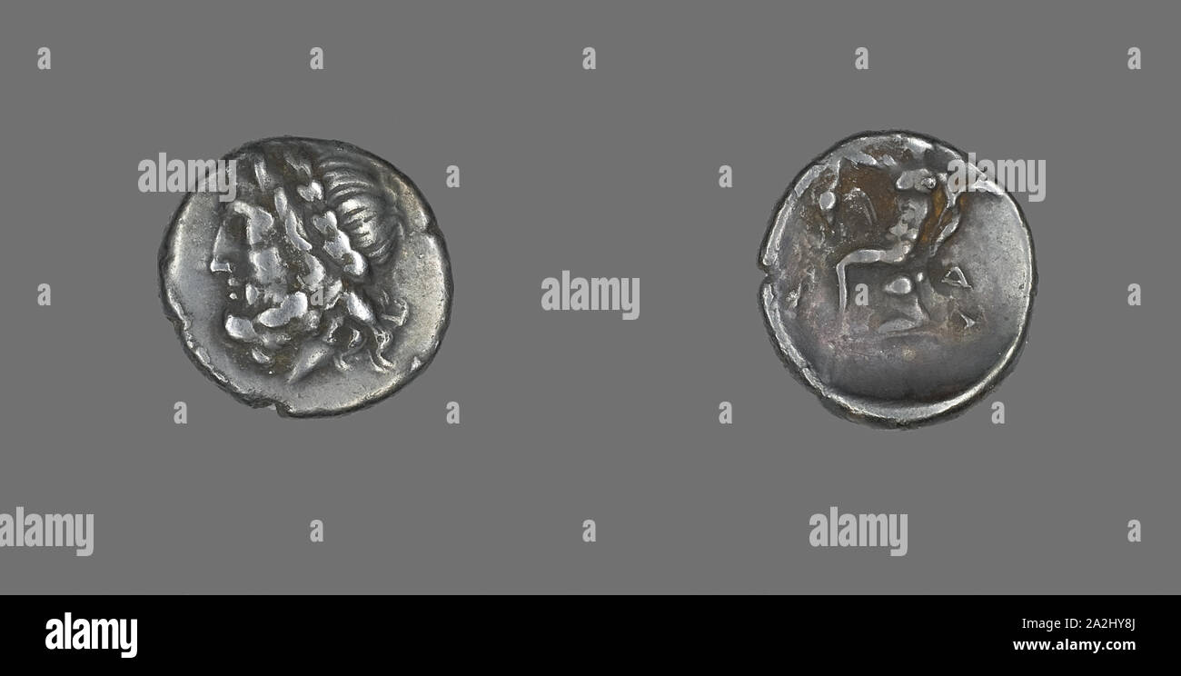 Hemidrachm (moneta) raffigurante il dio Zeus, fine del IV secolo A.C., greco, coniate in megalopoli, Megalópolis, argento, Diam. 1.6 cm, 2,36 g Foto Stock