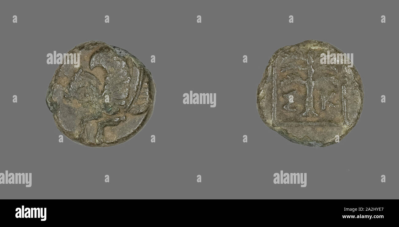 Moneta raffigurante Pegasus, del IV secolo A.C., greco, antica Grecia, bronzo, Diam. 1 cm, 0,97 g Foto Stock