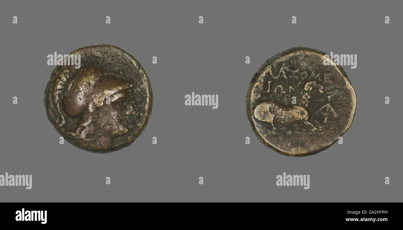 Moneta raffigurante la dea Atena, 387/301 BC, greco, antica Grecia, bronzo, Diam. 1.7 cm, 5,78 g Foto Stock