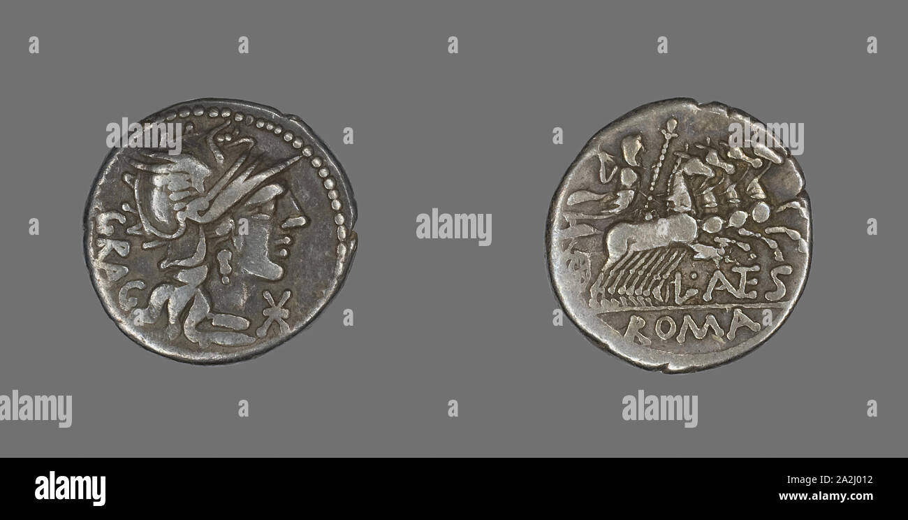 Denario (moneta) raffigurante la dea Roma, circa 136 BC, Romano, Impero Romano, argento, Diam. 2 cm, 3,79 g Foto Stock