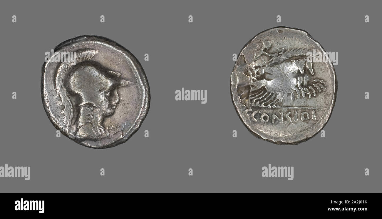 Denario (moneta) raffigurante la dea Minerva, circa 46 BC, Romano, Impero Romano, argento, Diam. 2 cm, 3,29 g Foto Stock