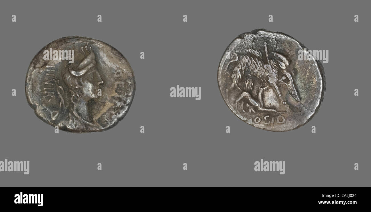 Denario (moneta) raffigurante la dea Diana, circa 68 BC, Romano, Impero Romano, argento, Diam. 1.9 cm, 3,73 g Foto Stock