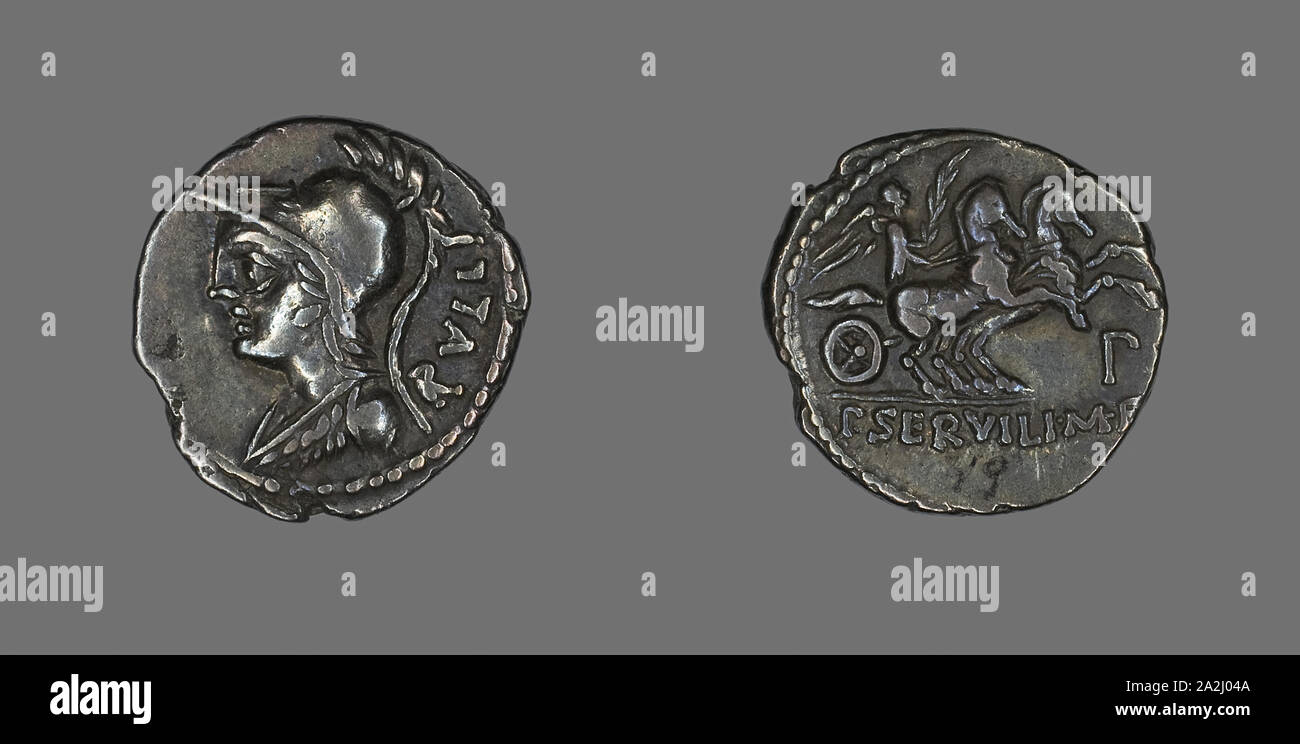 Denario (moneta) raffigurante la dea Minerva, 100 BC, Romano, Impero Romano, argento, diam. 2 cm, 3,76 g Foto Stock