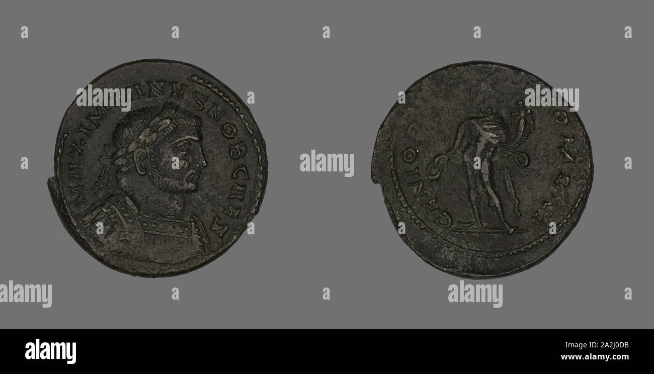 Follis (moneta) raffigurante l'imperatore Galerio Valerio Maximianus (Galerio), circa AD 303, romana, coniate in Londra, Impero Romano, bronzo, Diam. 2.7 cm, 9,82 g Foto Stock