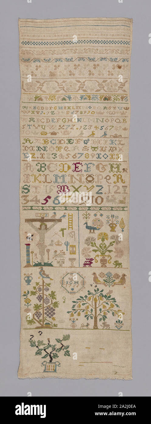 Campionatore, 1766, Germania, biancheria, ad armatura a tela, ricamato in seta, 81,6 x 26 cm (32 1/8 x 10 1/4 in Foto Stock