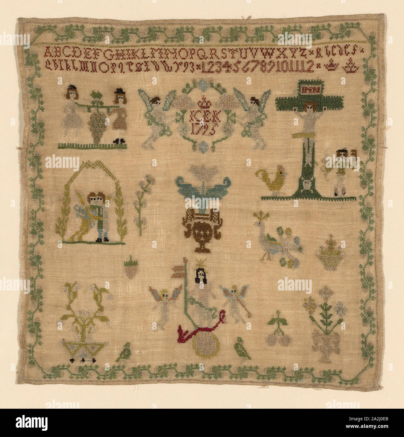 Campionatore, 1795, Germania, lino e seta ricamato Foto Stock