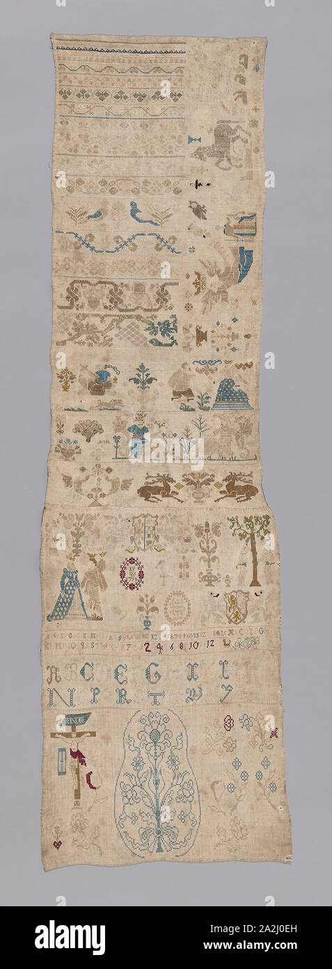Campionatore, 1719, Germania, biancheria, ad armatura a tela, ricamato con lenzuola in lino e seta, 127 x 38 cm (50 x 15 pollici Foto Stock