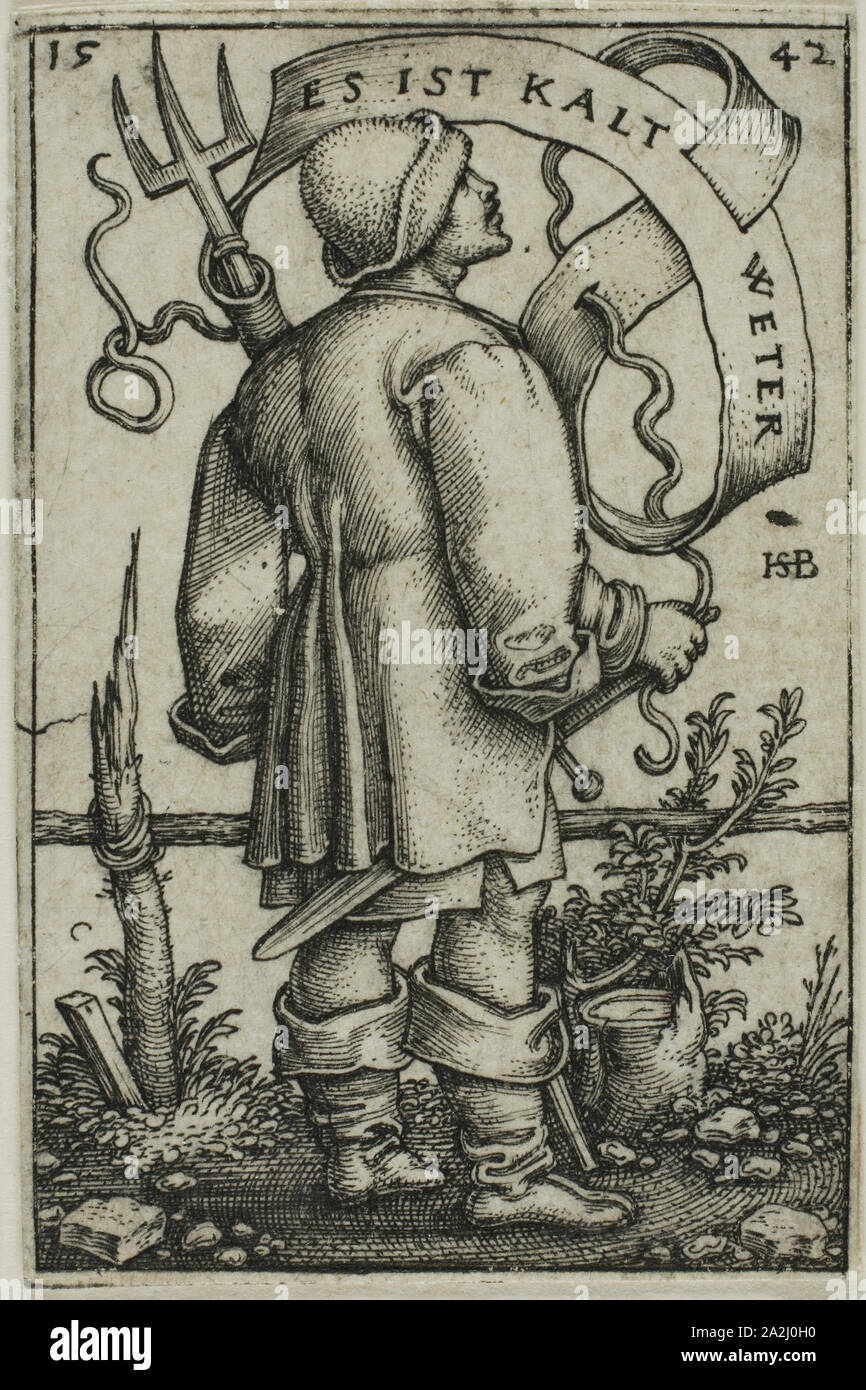 Il Weather-Peasant Es ist Kalt Wetter, 1542, Sebald Beham, Tedesco, 1500-1550, Germania, incisione in nero su avorio carta vergata, 43 x 29 mm (l'immagine/piastra), 44 x 30 mm (foglio Foto Stock
