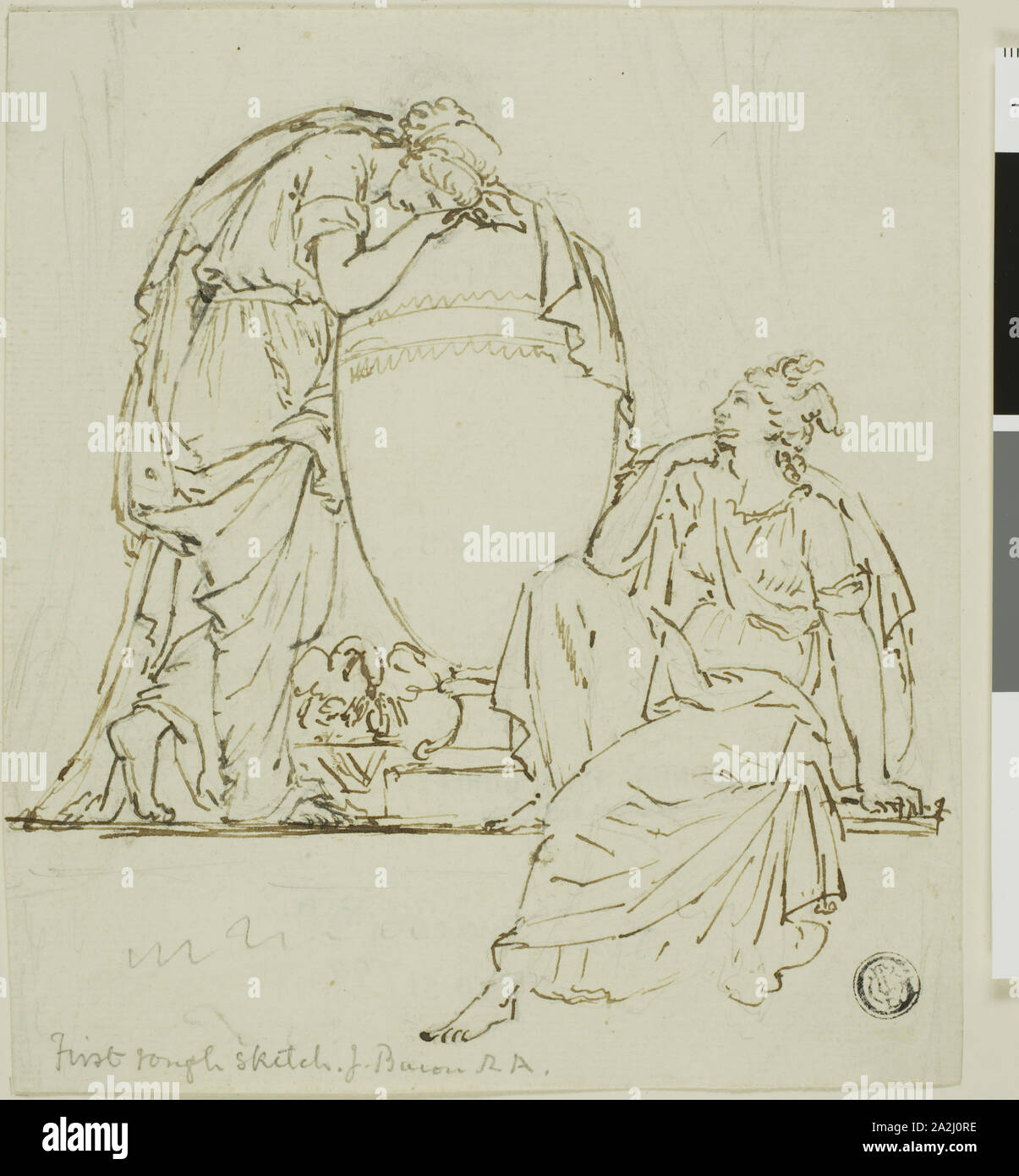 Schizzo per un monumento funebre, n.d., John Bacon, il sambuco, Inglese, 1740-1815), l'Inghilterra, a penna e inchiostro bruno su grafite, su avorio carta vergata, 166 × 146 mm Foto Stock