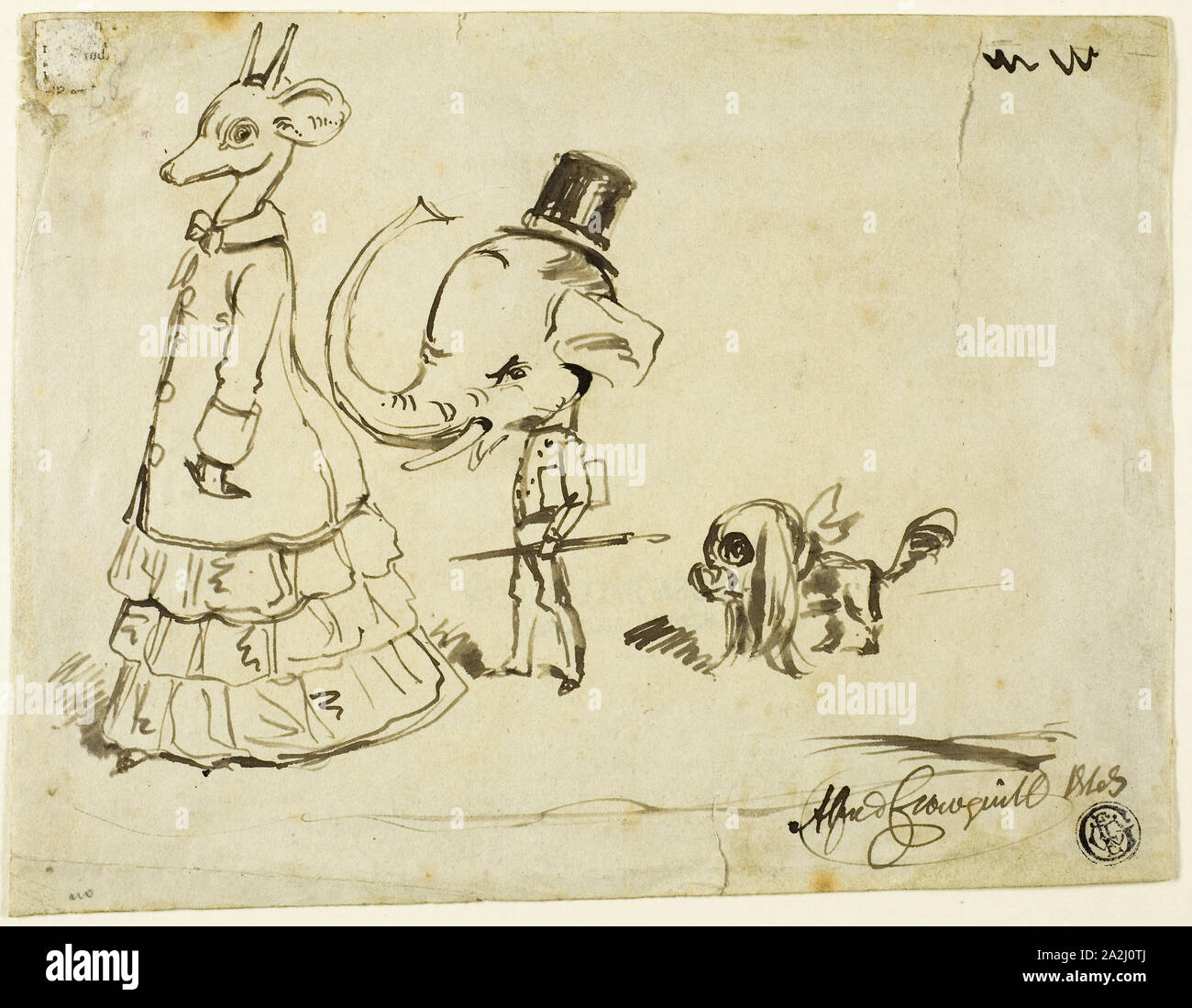 La caricatura di uomo, donna e cane, 1869, Alfred Henry Forrester, Inglese, 1804-1872, Inghilterra, penna e inchiostro bruno su grigio carta intessuta, 145 × 185 mm Foto Stock