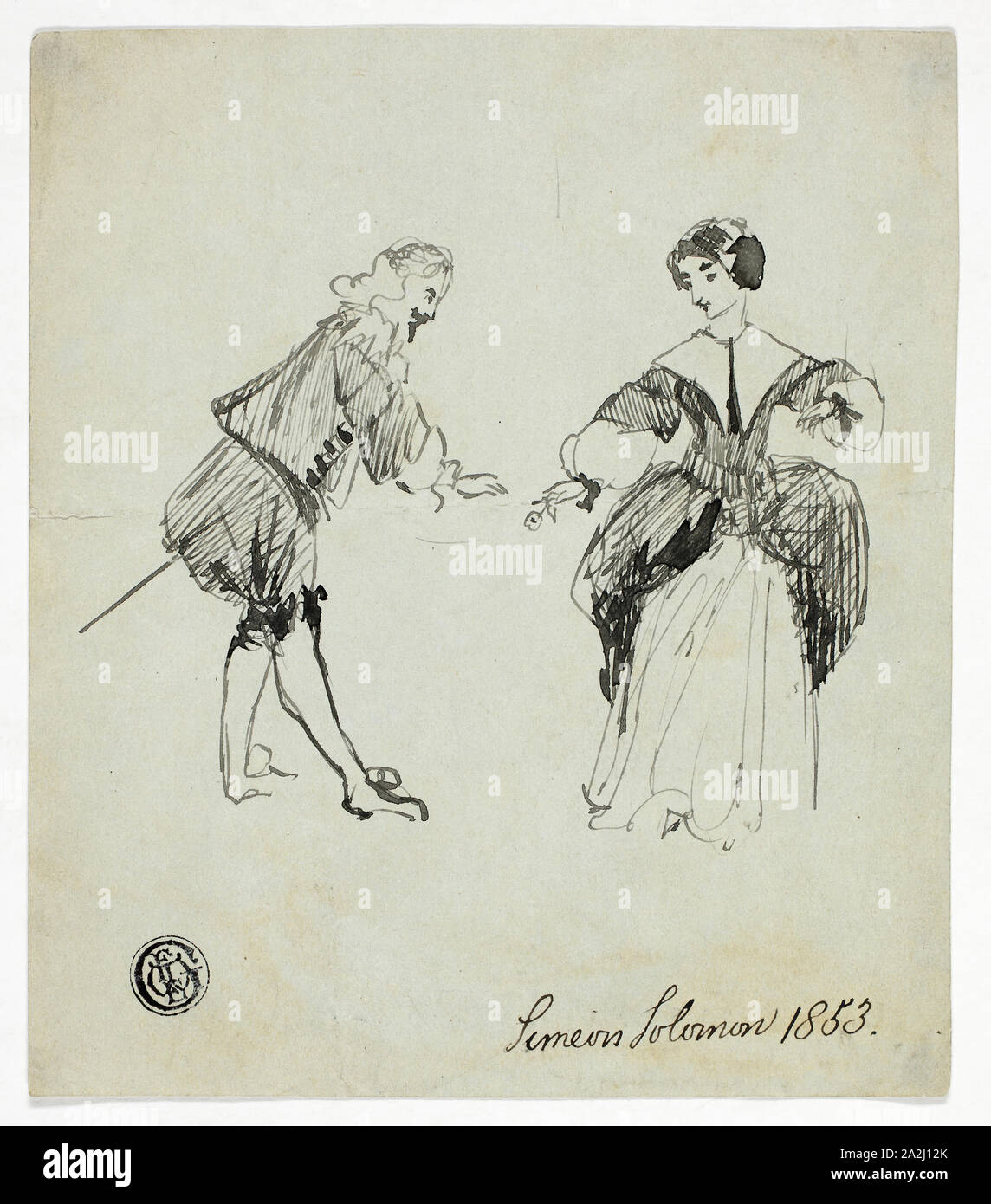 Cavalier e la signora, 1853, Simeone Salomone, Inglese, 1840-1905, Inghilterra, penna e inchiostro nero su grigio chiaro carta intessuta, 138 × 120 mm Foto Stock