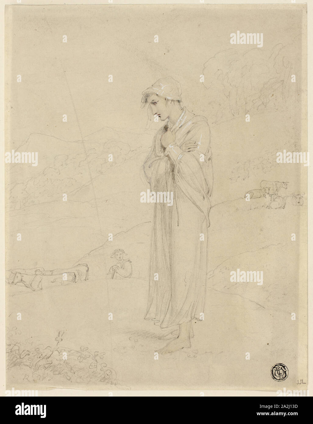 Pastorella, 1810/20, Richard Westall, Inglese, 1765-1836, Inghilterra, grafite intensificato con acquarello e tocchi di bianco gouache su grigio carta intessuta, 220 × 172 mm Foto Stock