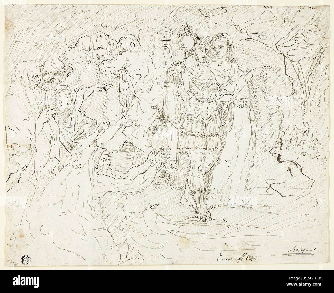 Enea nell'Elysian Fields (recto), schizzi di gruppi di cifre (verso), n.d., Raymond de Lafage, Francese, 1656-1690, Francia, penna e inchiostro bruno su tracce di gesso nero (recto) e grafite (verso) su avorio carta vergata, 285 × 354 mm Foto Stock