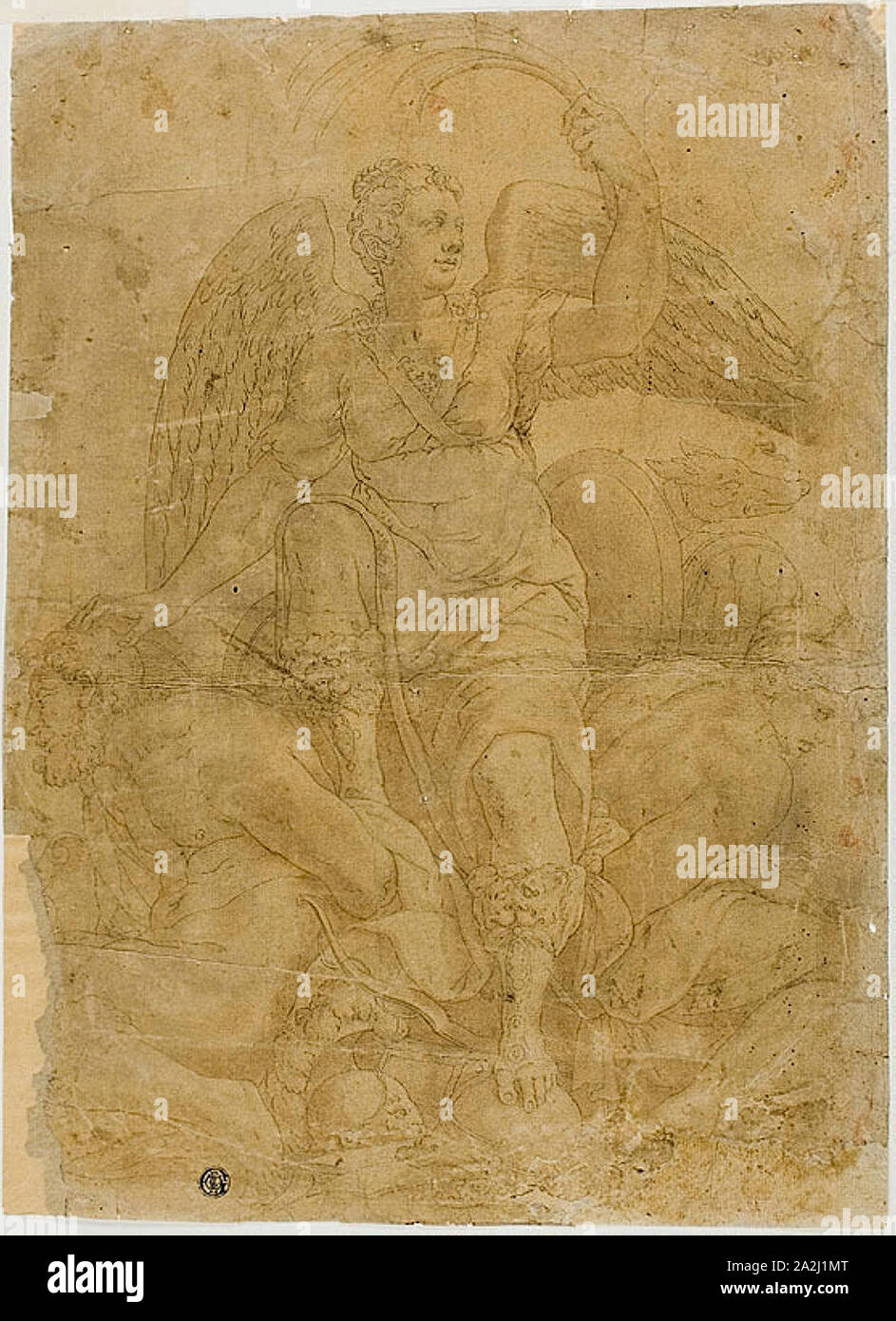 Allegoria della vittoria con due prigionieri, n.d., seguace di Giorgio Vasari, Italiano, 1511-1574, Italia, penna e inchiostro nero, con spazzola e lavaggio marrone, su tan carta vergata, 319 x 285 mm (max Foto Stock