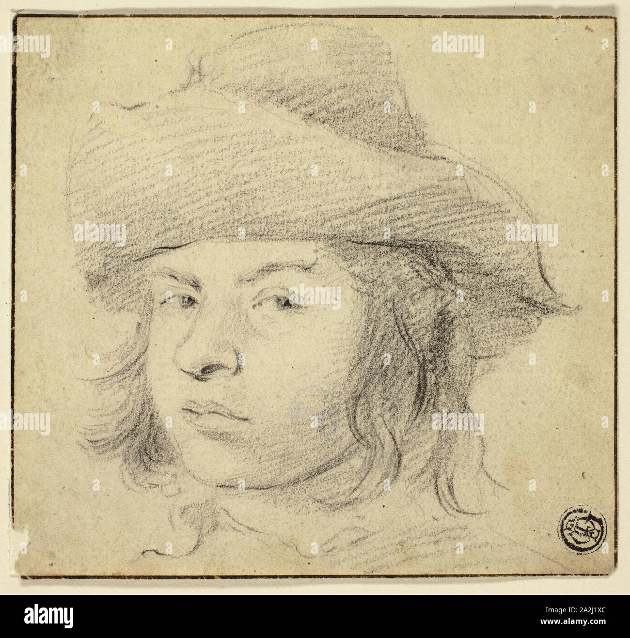 Busto di giovane con cappello, n.d., attribuito a Cornelis Visscher, Olandese, c. 1629-1658, Olanda, gesso nero su tan carta vergata, 113 x 122 mm Foto Stock