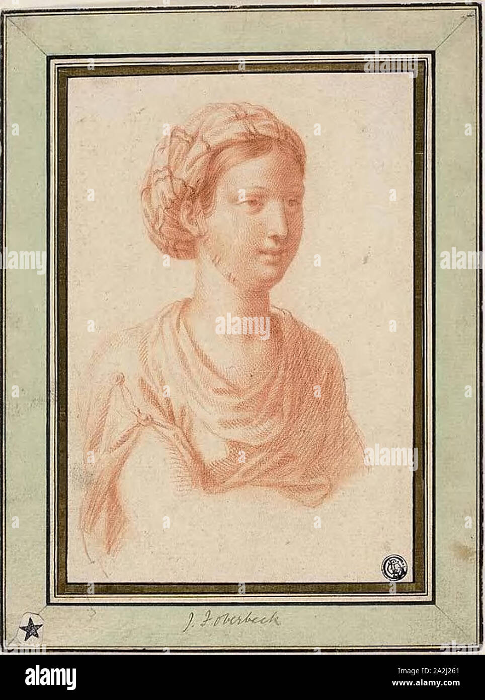 Busto di donna con turbante, n.d., attribuito a François Le Moyne, Francese, 1688-1737, Francia, gesso rosso con tracce di grafite su avorio carta vergata, stabilite su avorio carta vergata, 205 × 140 mm Foto Stock