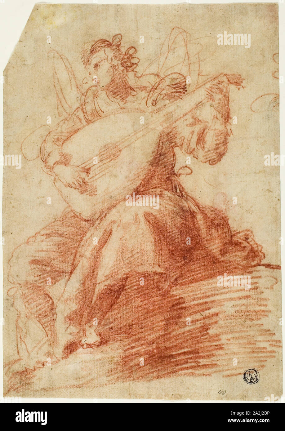 Angelo giocando un liuto, n.d., attribuita a Jacopo Confortini (Italiano, 1602-1672), o eventualmente di Giovanni (Antonio) Bilivert (Italiano, 1585-1644), o eventualmente di Giovanni Mannozzi (Italiano, 1592-1636), l'Italia, gesso rosso, su buff carta vergata, stabilite su avorio carta intessuta, 244 × 171 mm Foto Stock