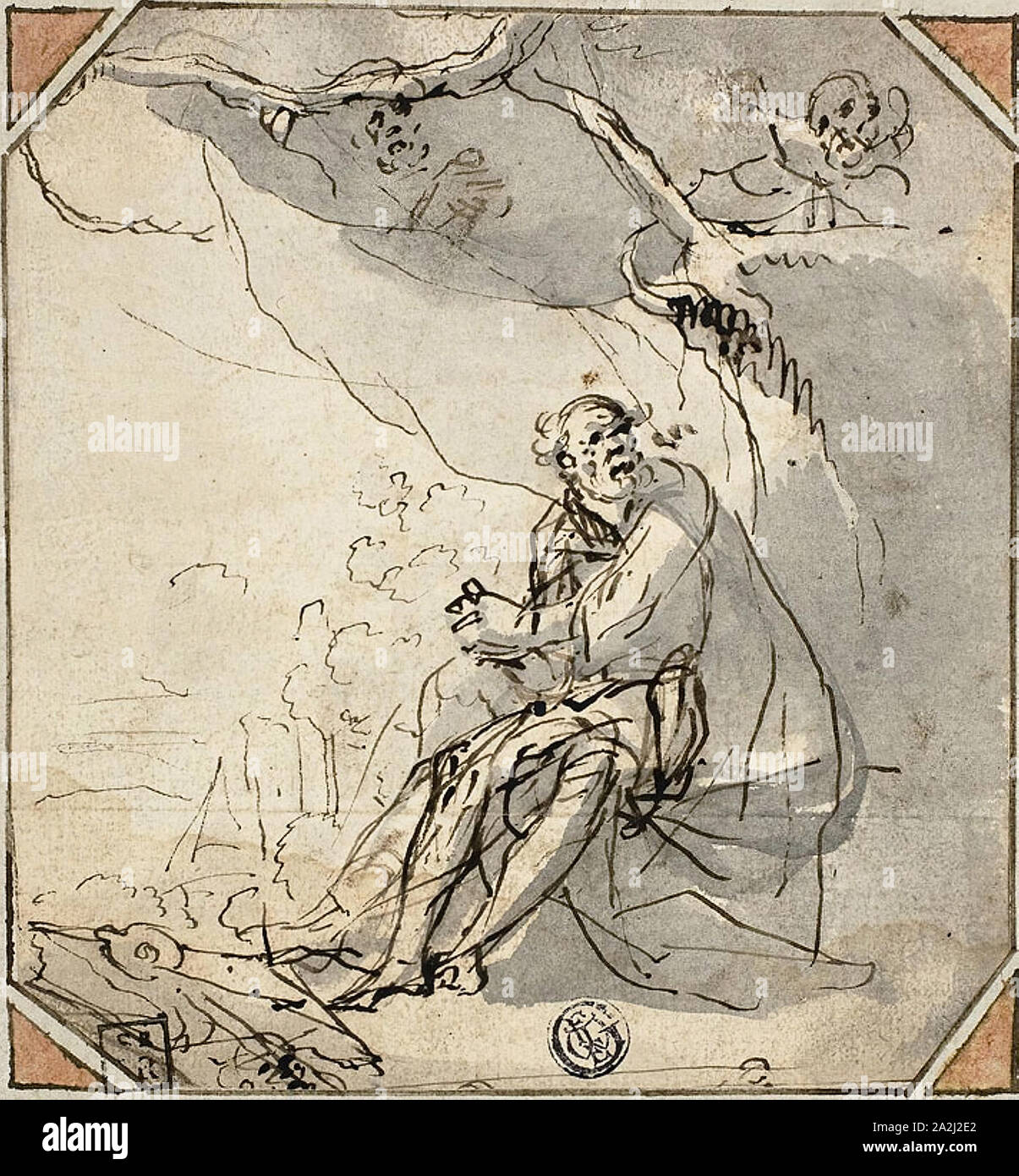 Santo eremita nella grotta, n.d., artista sconosciuto, italiano, del XVII secolo, l'Italia, a penna e inchiostro bruno, con spazzola e grey wash, su avorio carta vergata, stabilite su off-white carta vergata, 135 × 125 mm, Numa Pompilio dando le leggi per i romani, n.d., eventualmente Giovanni Battista Galestruzzi (italiano, 1615-c. 1669), dopo Polidoro Caldara, chiamato Polidoro da Caravaggio (Italiano, c. 1499-1543), Italia, penna e inchiostro bruno, con spazzola e lavaggio marrone, intensificato con filo bianco (scolorito) e tocchi di colore rosa, gouache su blu carta vergata, stabilite su avorio carta vergata, 223 x 303 mm Foto Stock